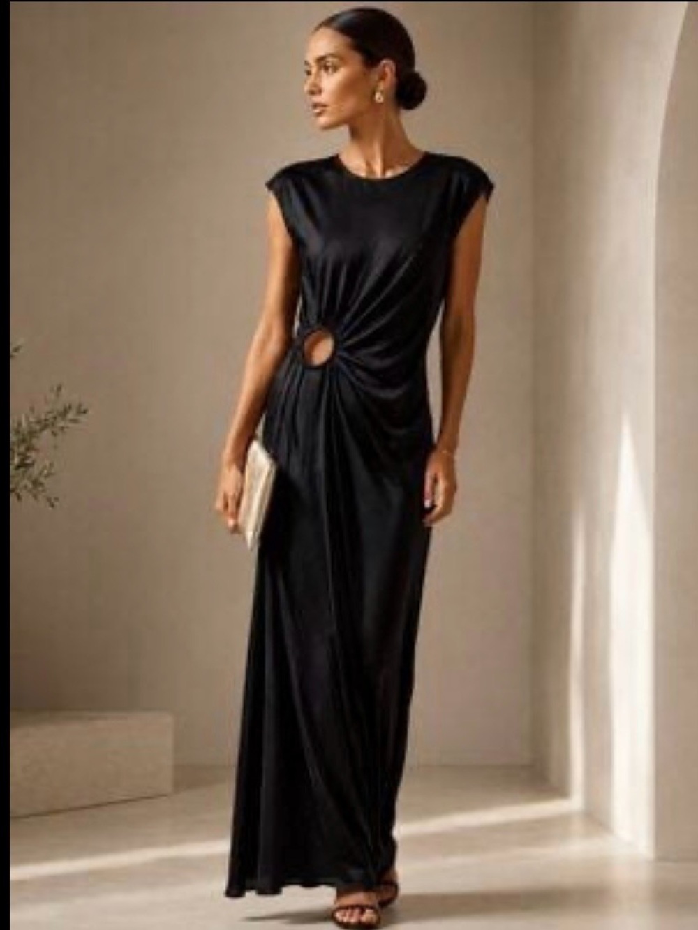 House of Harlow 1960 Satin Maxi Slip Front Slit Accent Dress Black